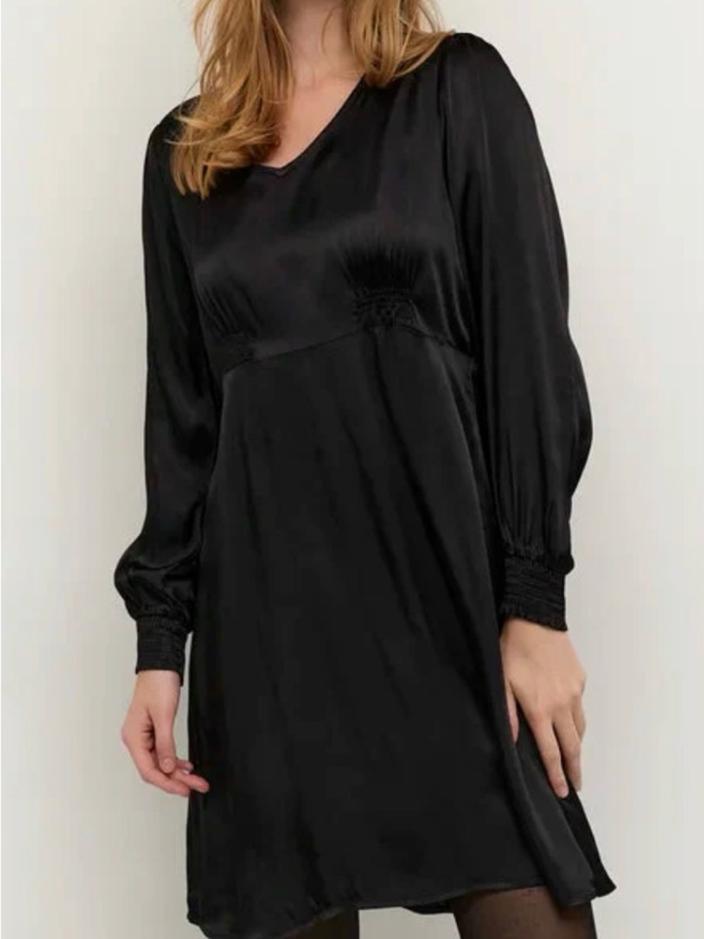 Satin Black Long-Sleeve V-Neck Dress with Smocked Details